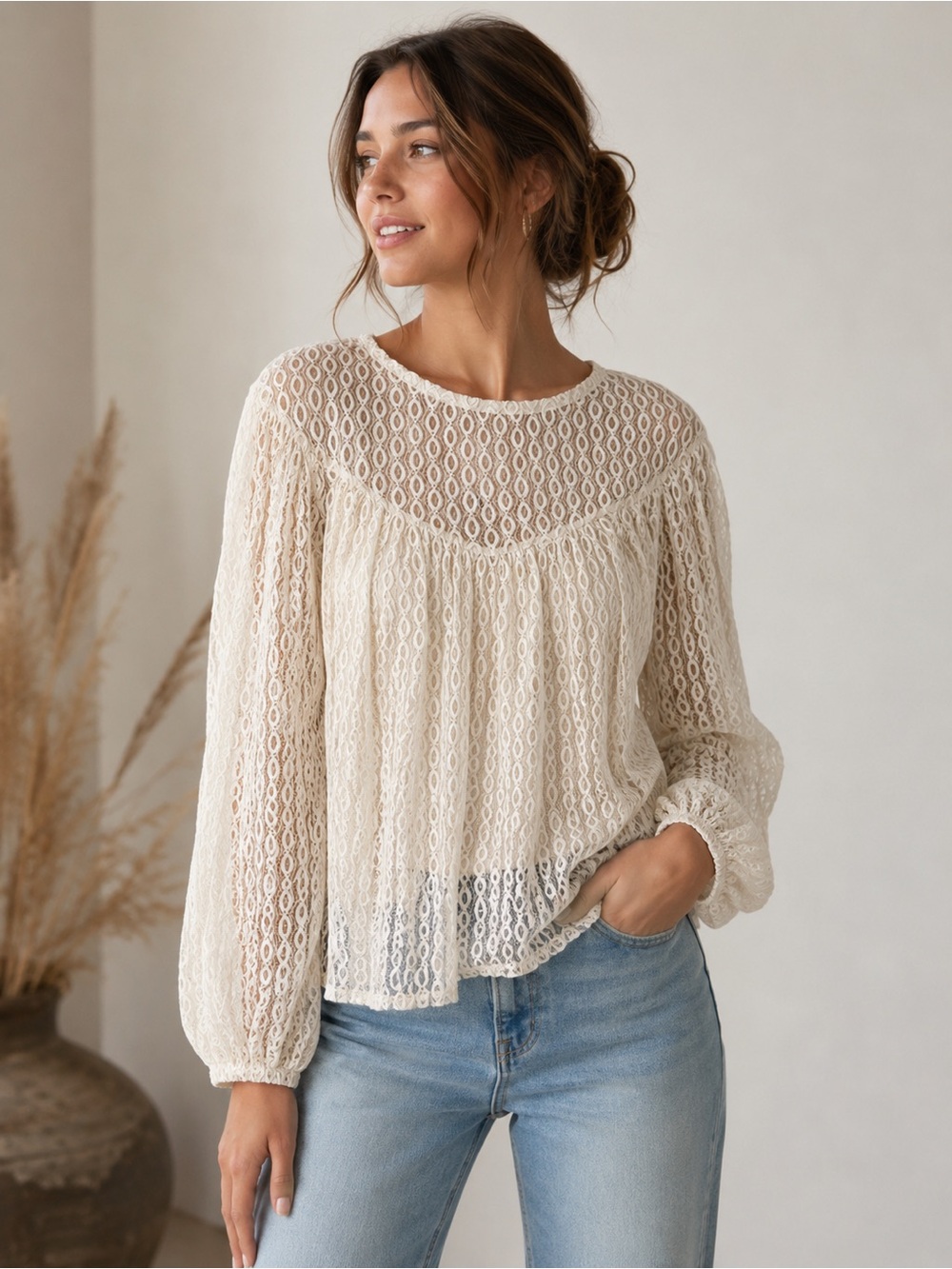 Zara Ivory Lace Long Sleeve Blouse – Size Large – NWT